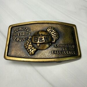 Vintage B&W Belt Buckle Brass Tone Quality Integrity Service Excellence Logo